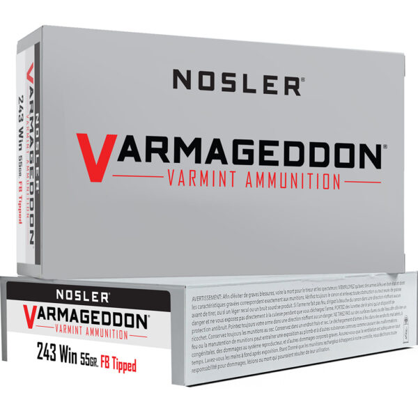 Nosler Varmageddon Rifle Ammunition 243 Win. 55 gr. VG FBT 20 rd.